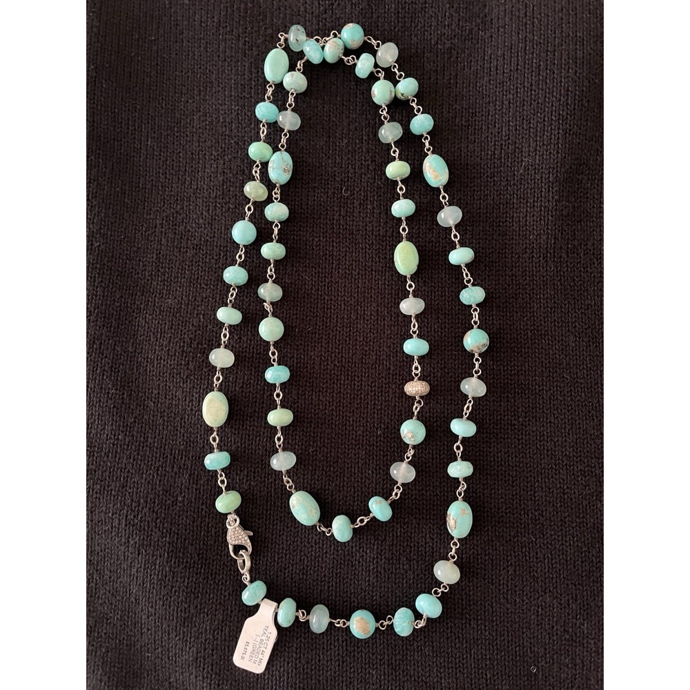 Sheryl Lowe Teal Beaded  Aquamarine Diamond Clasp Long Necklace Sterling Silver